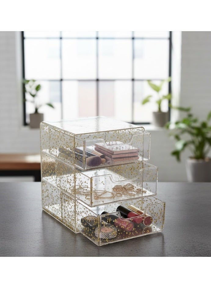 منظم أدراج أكريليك شفاف تسمح للك رؤيه ما بداخله  بثلاث ادراج مع نقاط ذهبية لامعة، لتخزين والمجوهرات،ويمكن استخدامه في اي مكان ومتعدد الاستخدامات وسهل التنظيف - Image 2